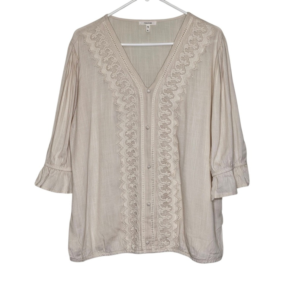Maurices Cream Lace Trim Button Up Top Ruffle‎ Sleeve Blouse Women's XL  Cottage
